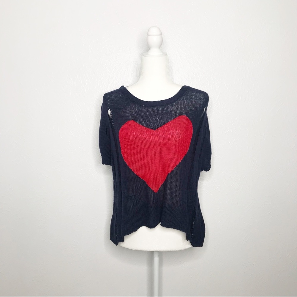 Black Poppy | Blue Distressed Knit Heart Blouse